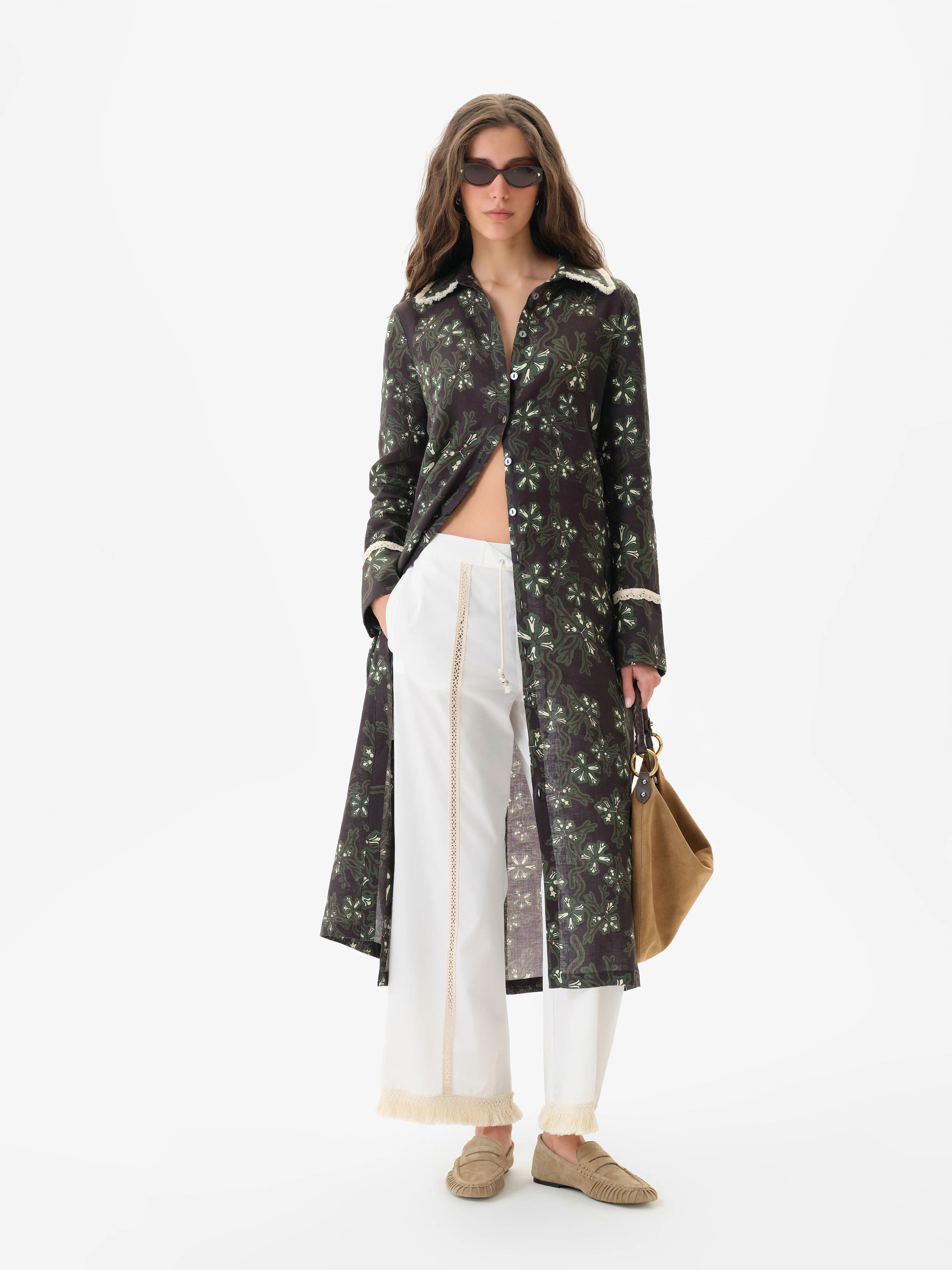 ALINDA - Floral print shirt style linen midi dress with contrast fringe trim - Image 2