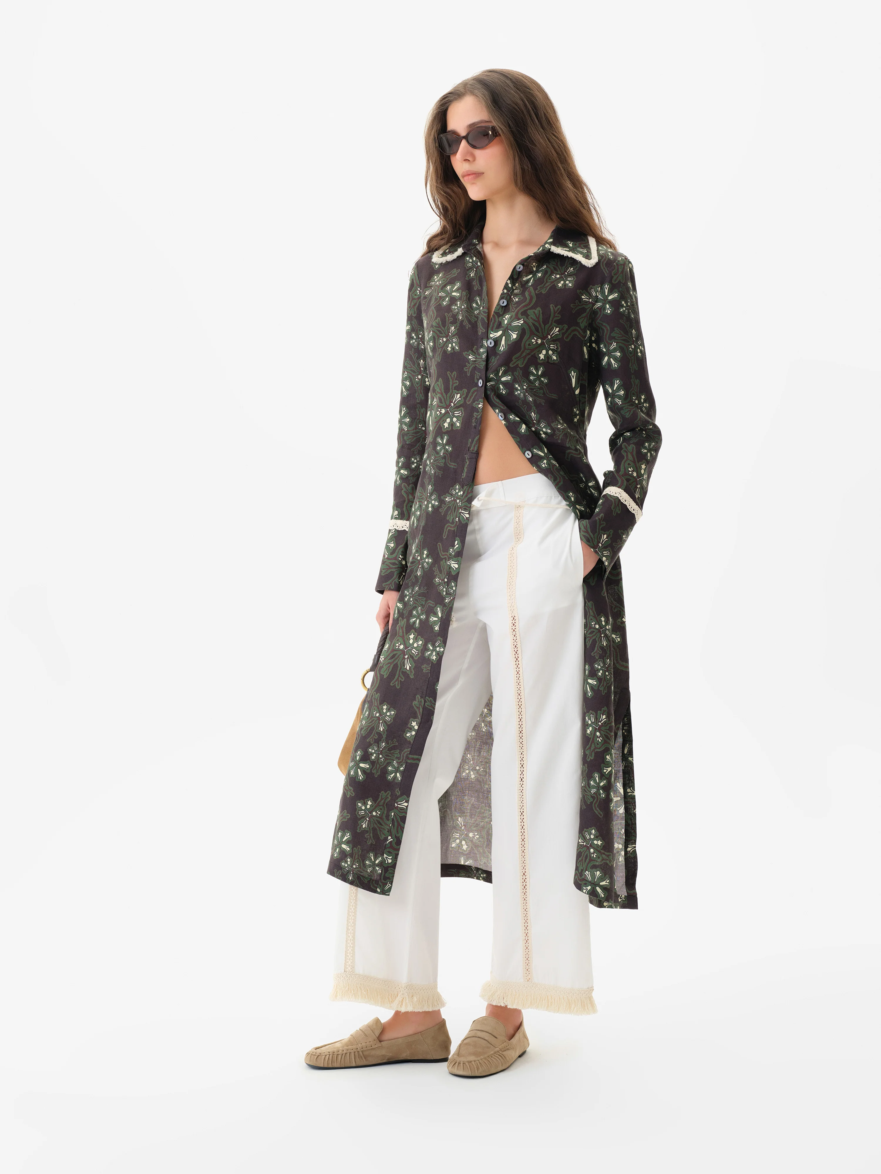 ALINDA - Floral print shirt style linen midi dress with contrast fringe trim - Image 3