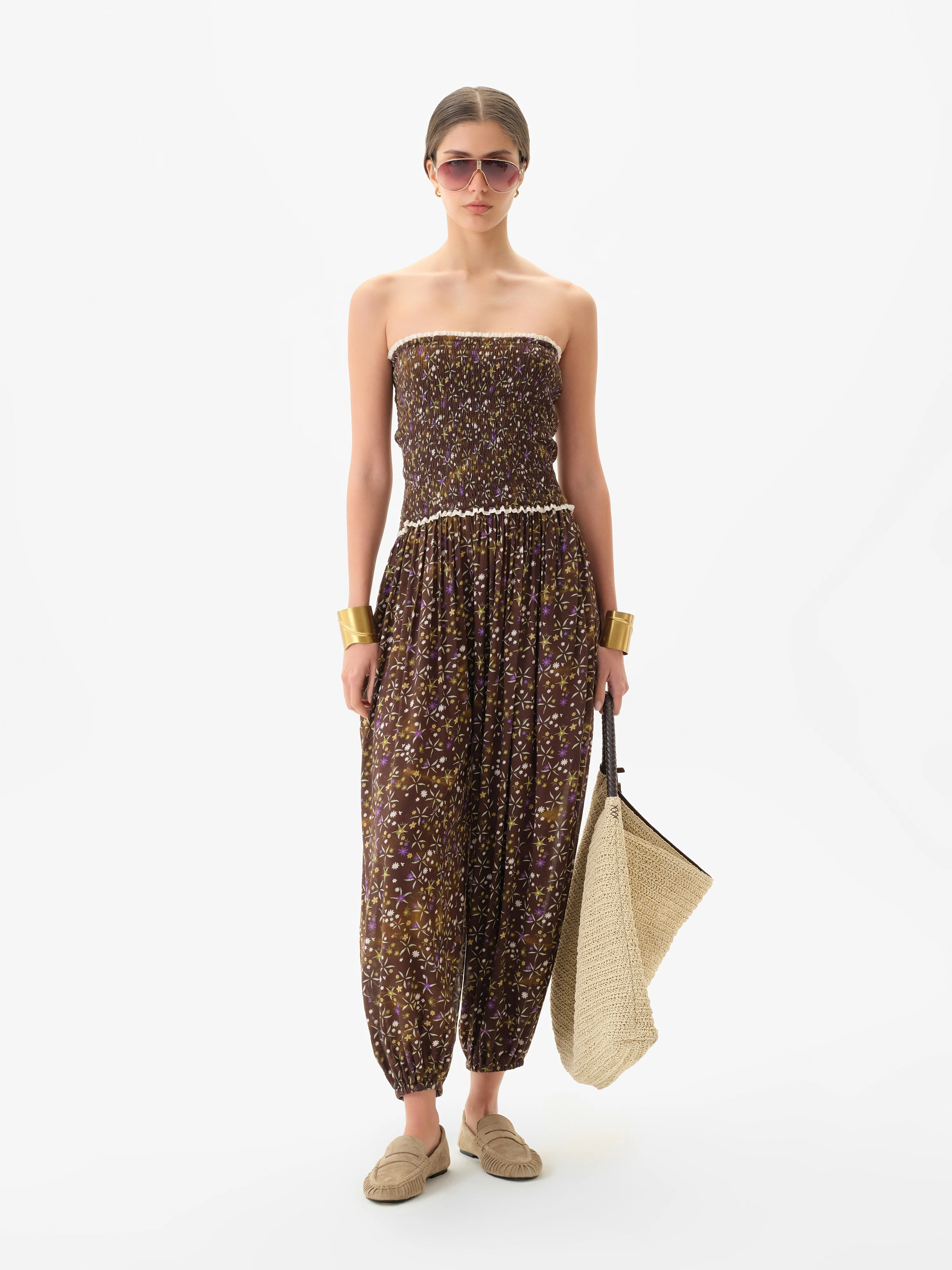 ANAIS - Floral printed strapless balloon-leg jumpsuit