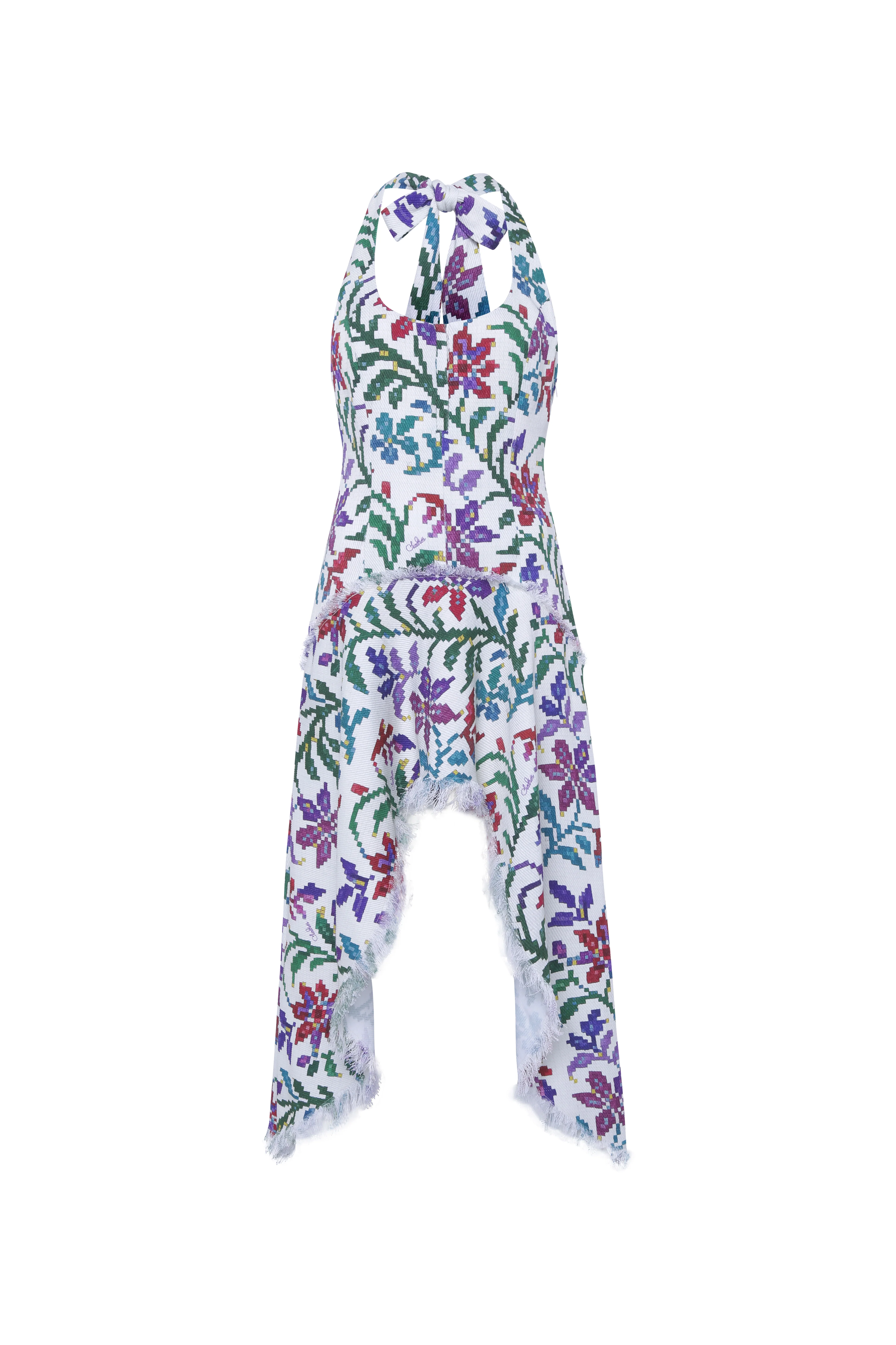 BELORA - Halterneck asymmetric midi dress in textured tapestry fabric - Image 5