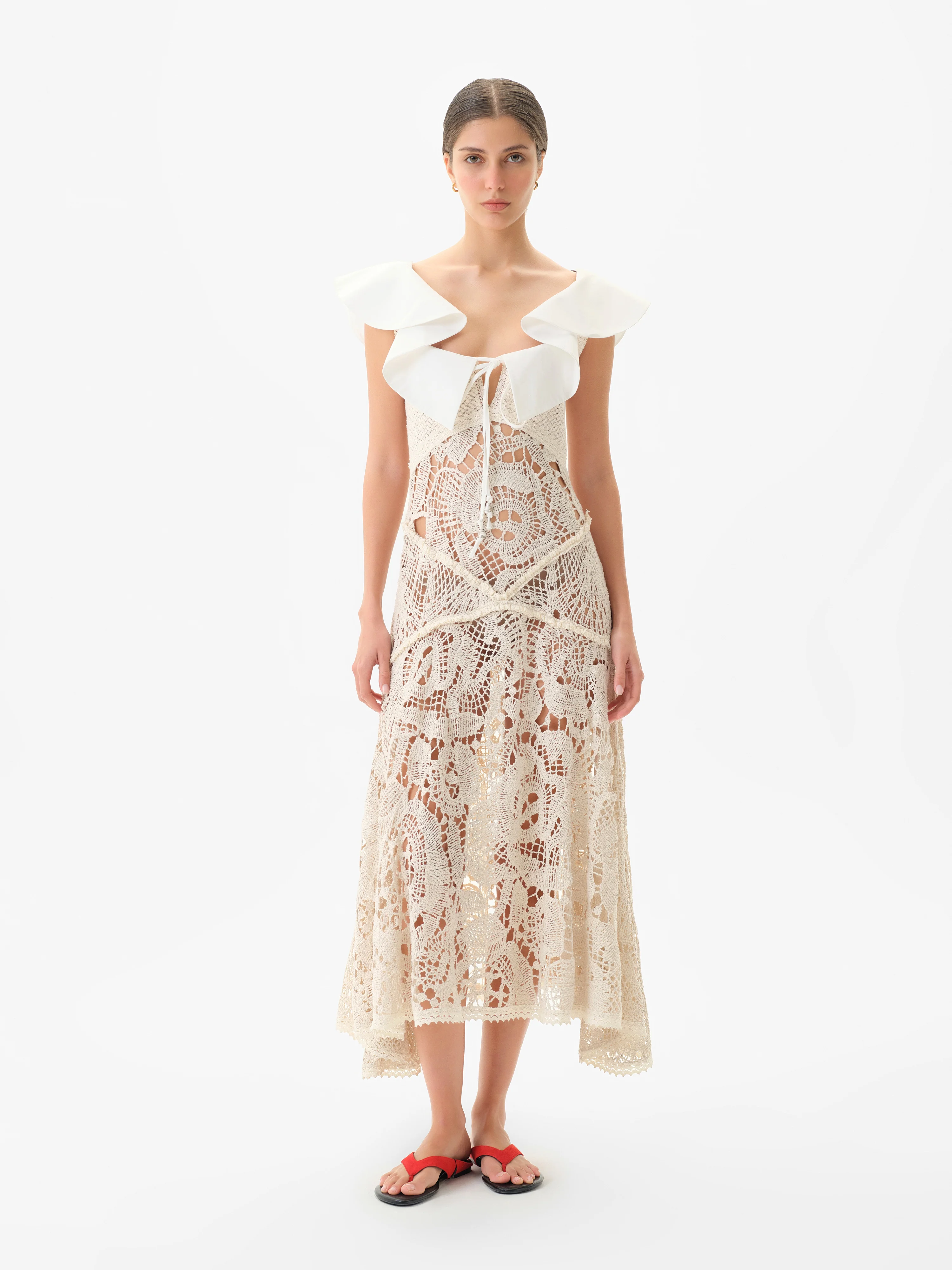 CAENES - Crochet dress with contrast poplin collar