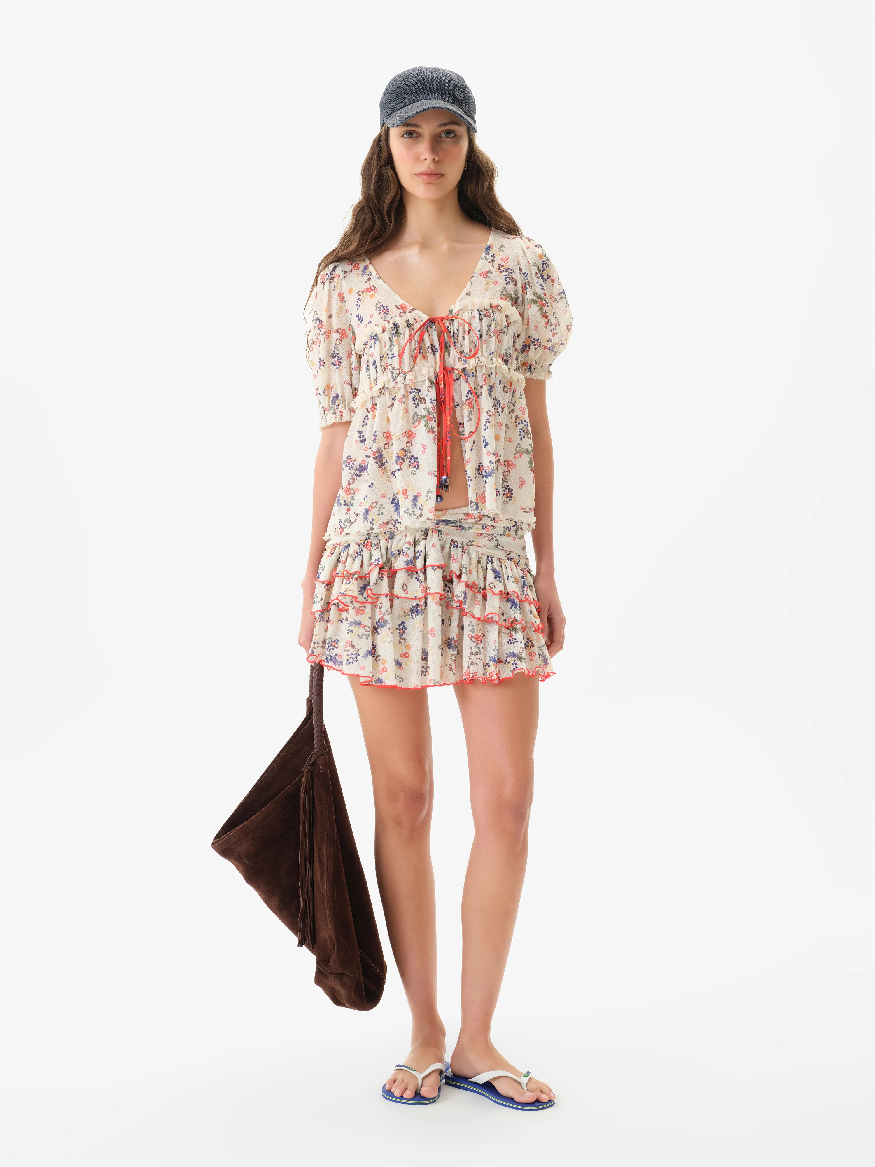 EMMA - Floral print v-neck mesh top with cntrast bust tie detail - Image 2