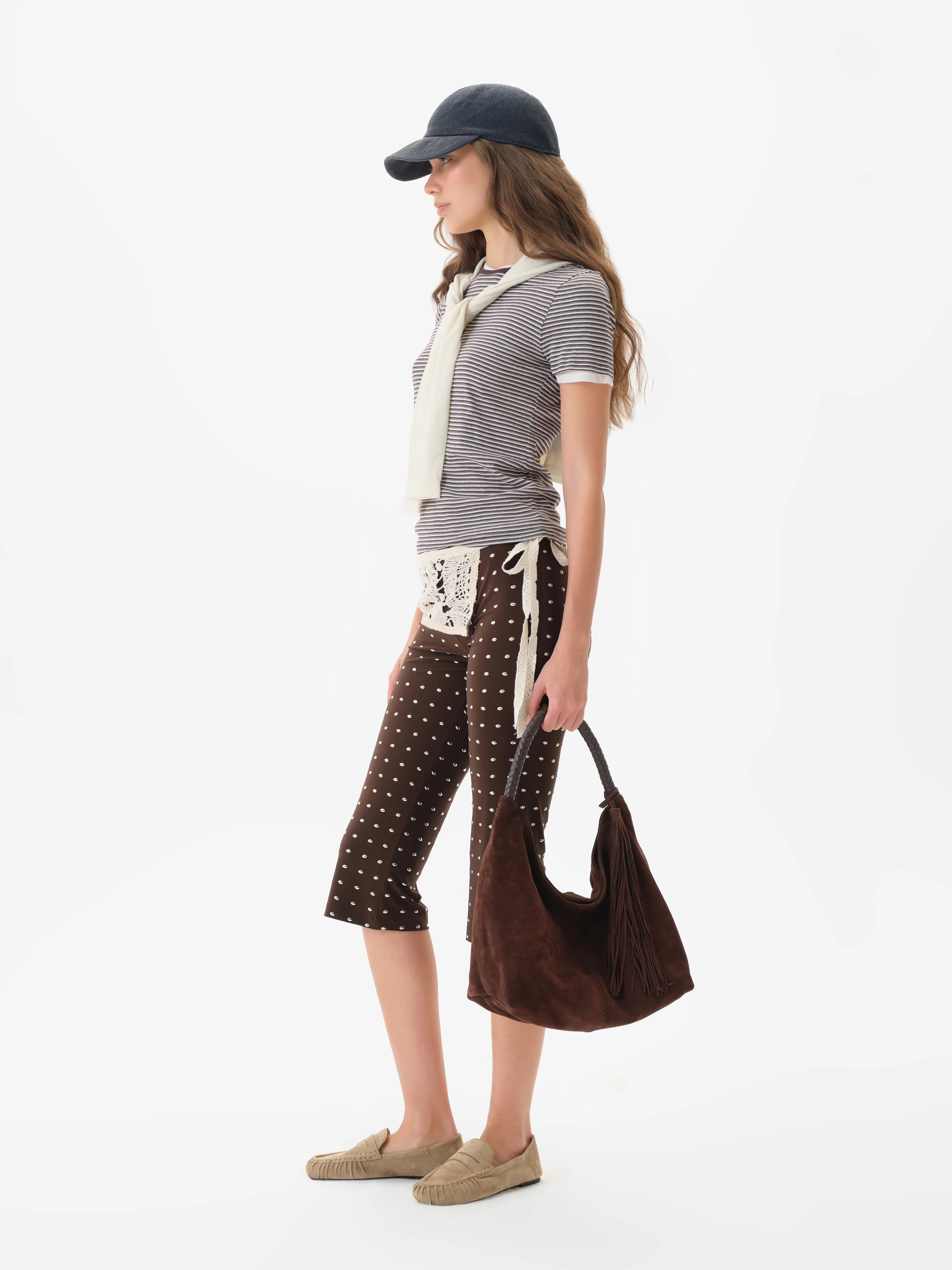 GIANNA - Studded jersey capri pants with crochet overlay - Image 3