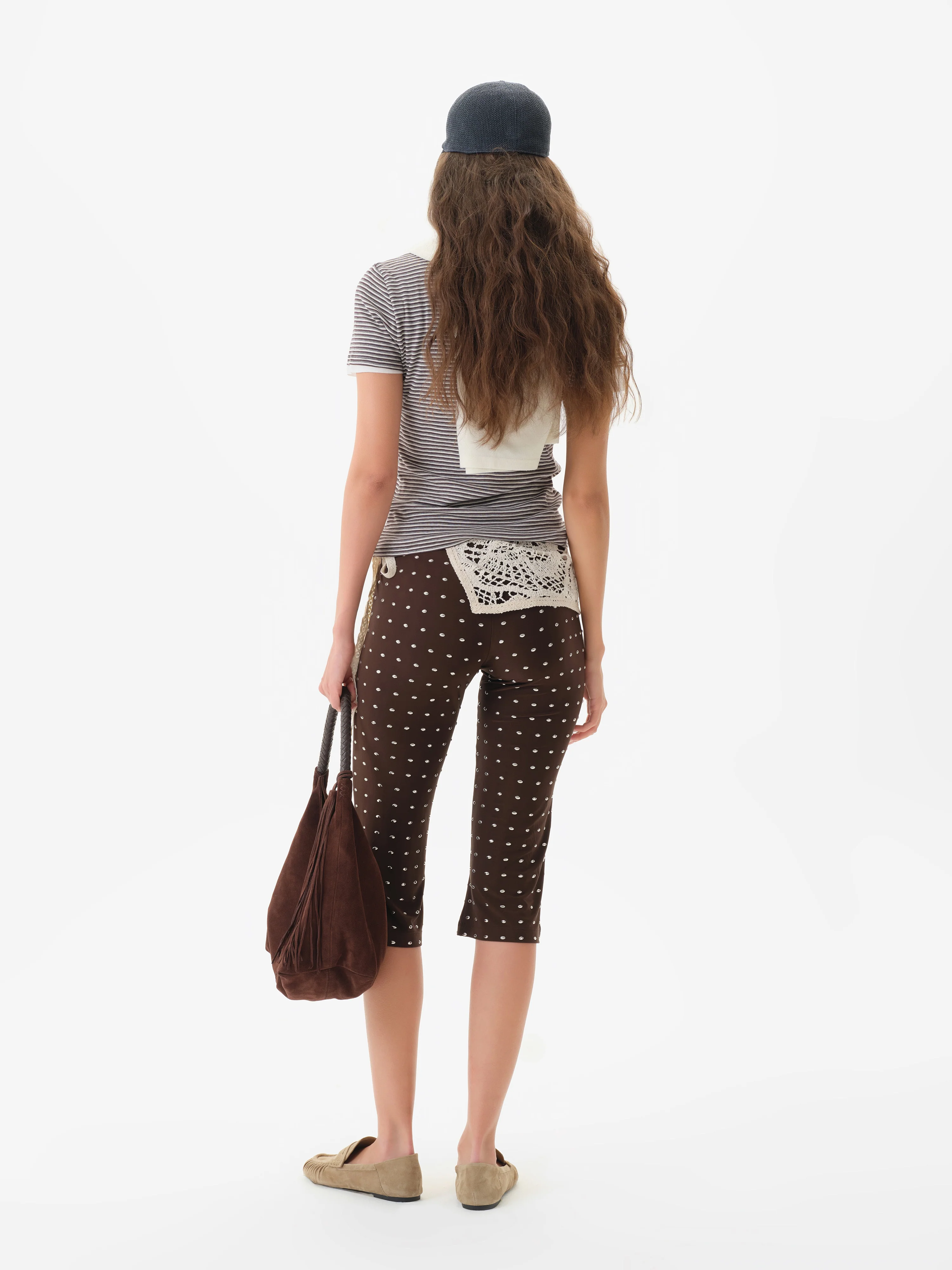 GIANNA - Studded jersey capri pants with crochet overlay - Image 4