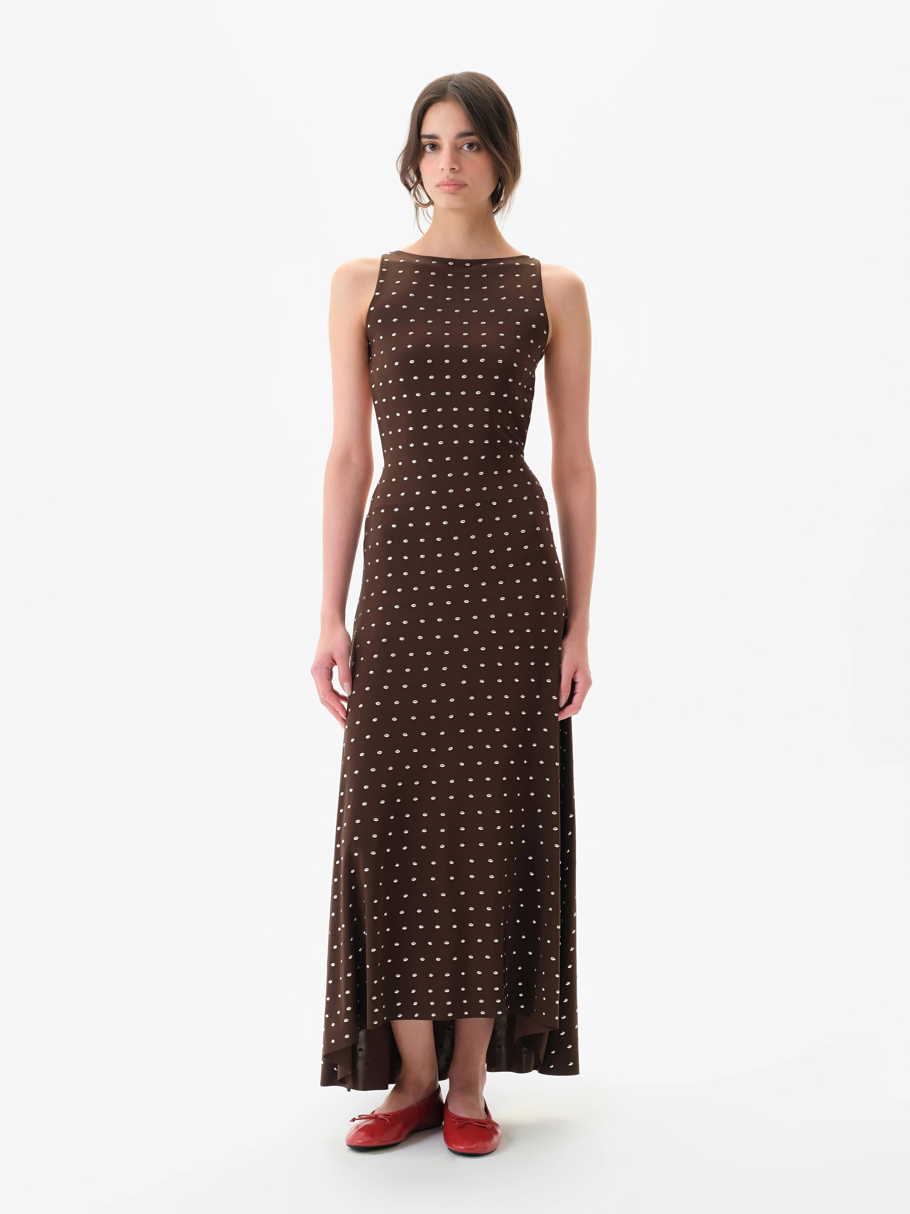 GRACE - Sleeveless maxi dress in stretch jersey with all-over metal studs