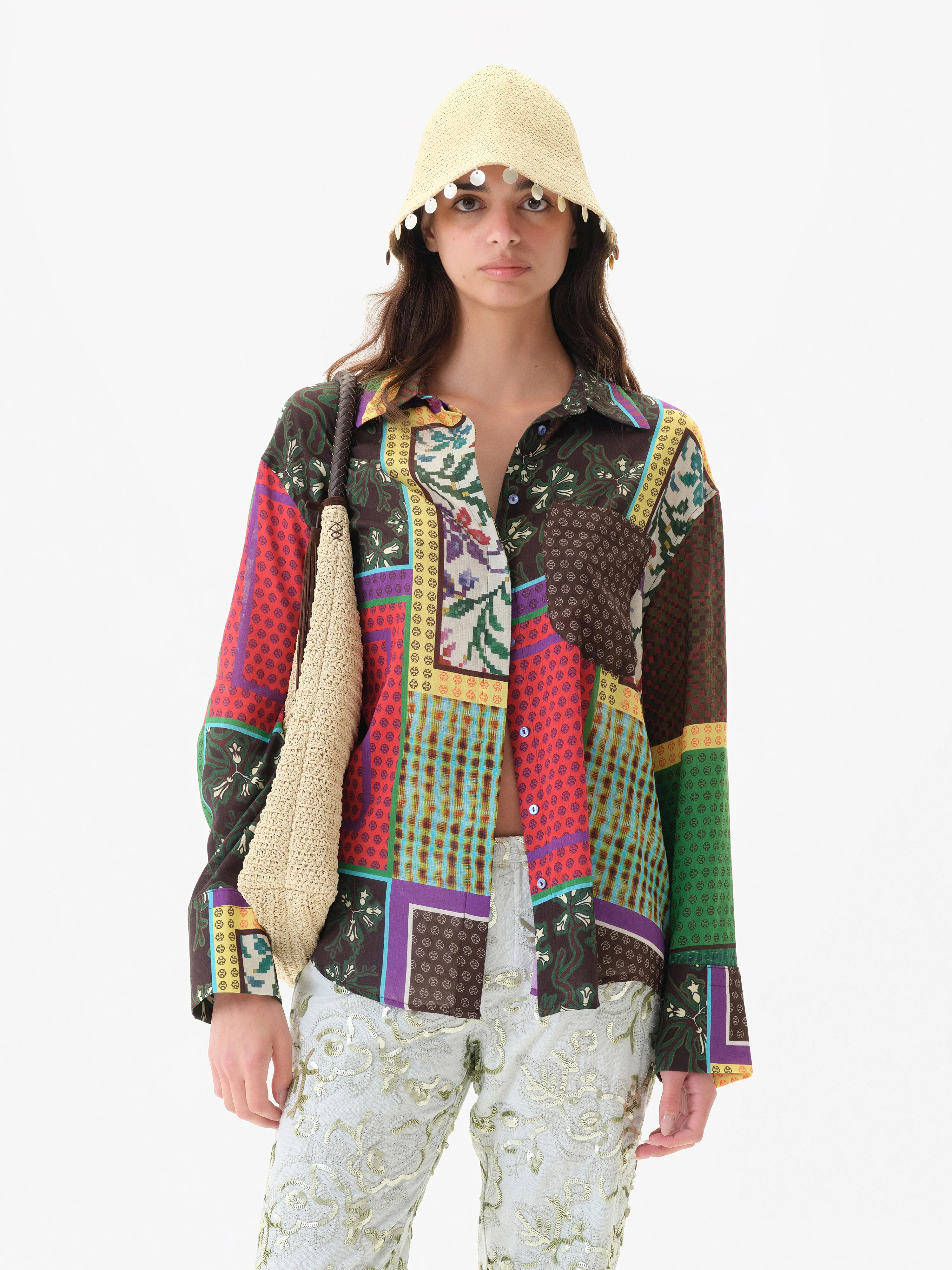 LOU - Patchwork print oversized button down shirt