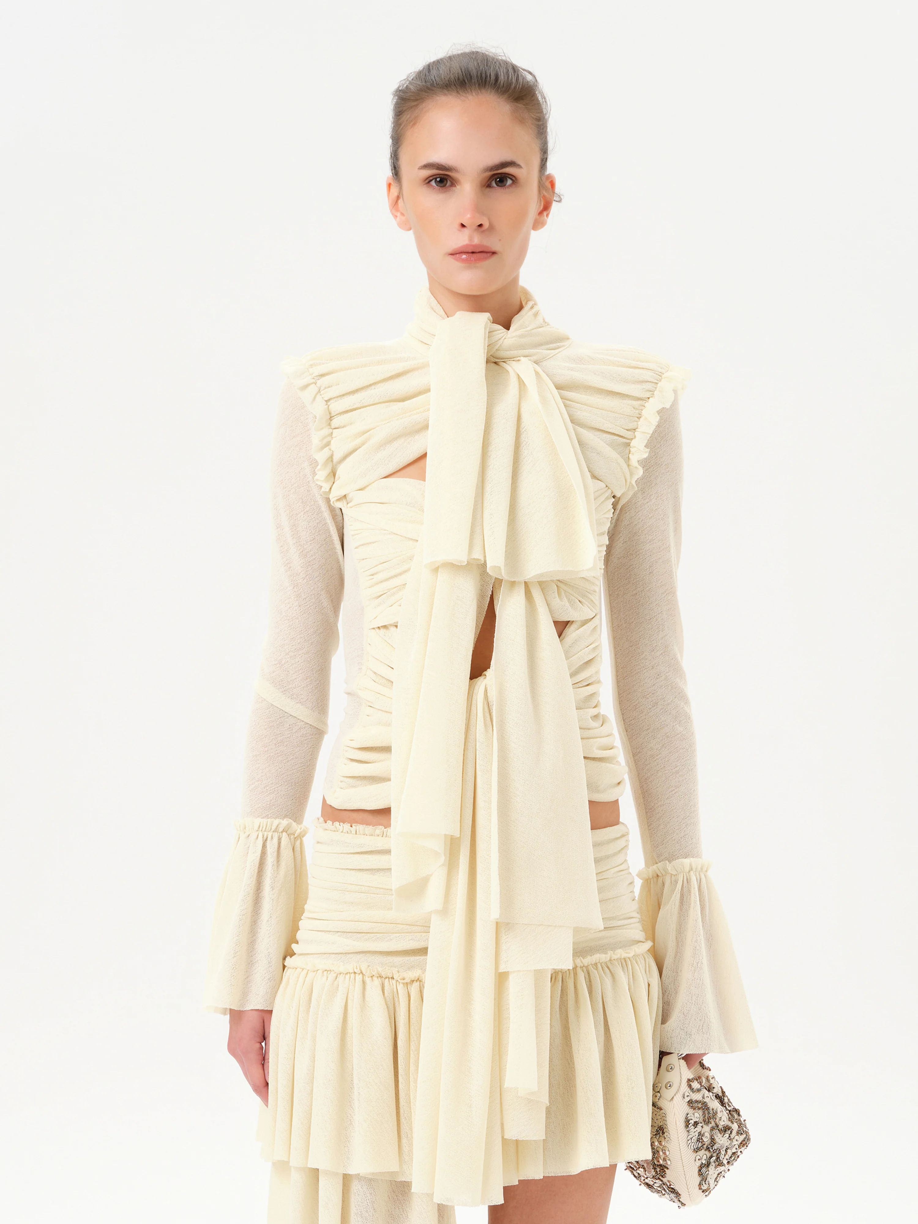 LUNA - Ruched semi sheer mesh top with layered front tie details