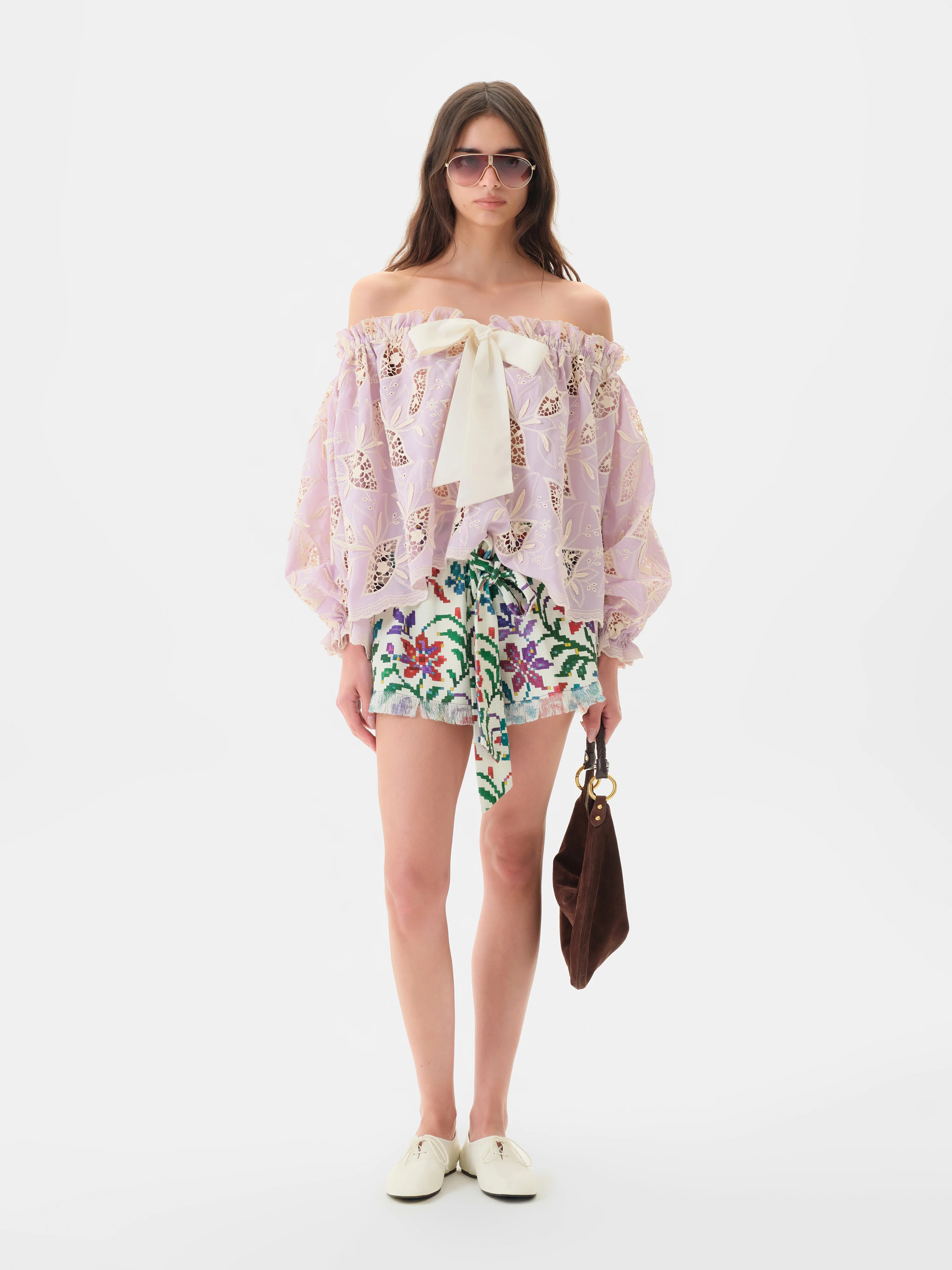 LUNE - Ruffled puff sleeve top with ivory floral embroidery - Image 2