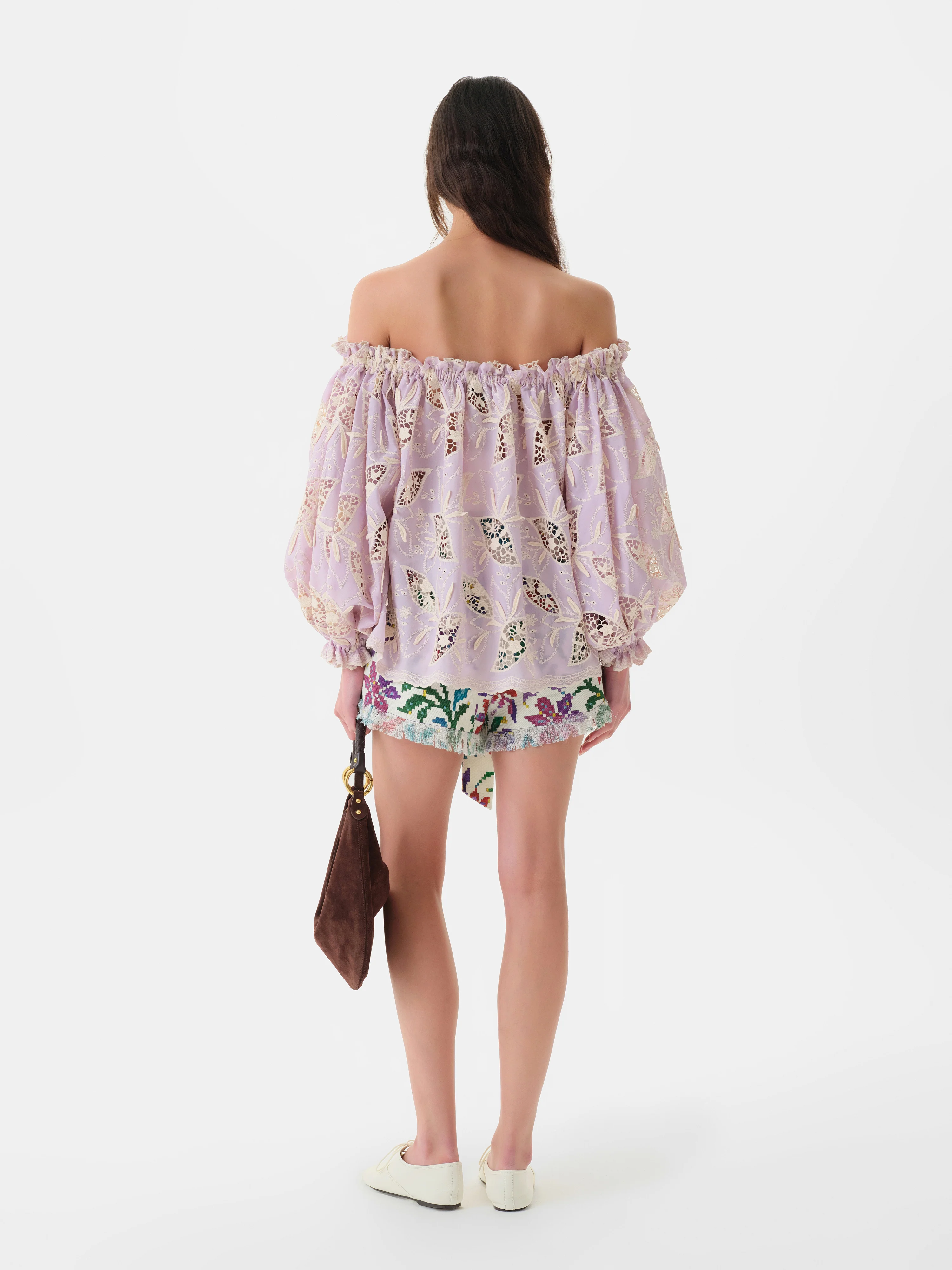 LUNE - Ruffled puff sleeve top with ivory floral embroidery - Image 4