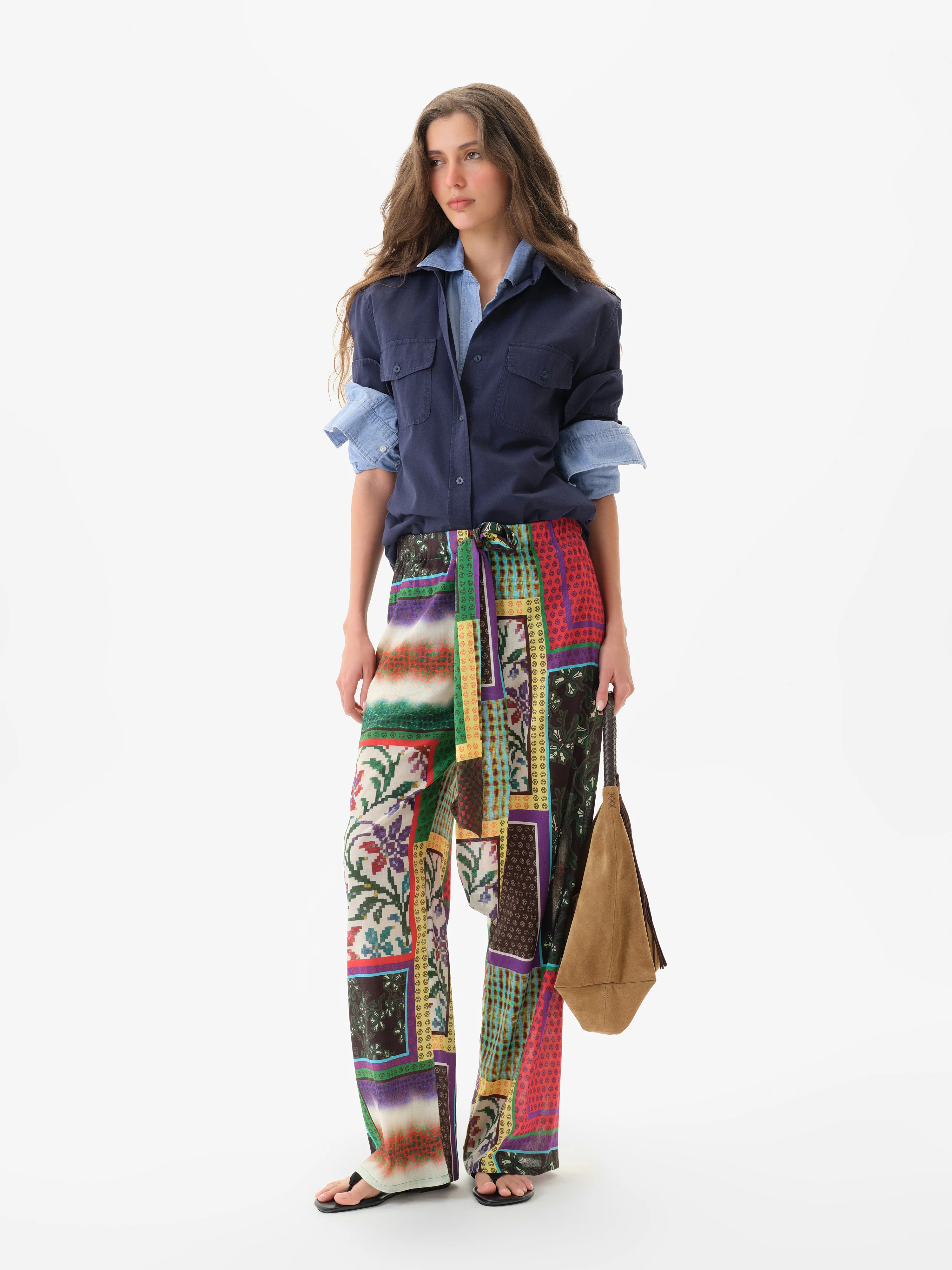 MANOCE - Patchwork print wide-leg pants with front tie - Image 2