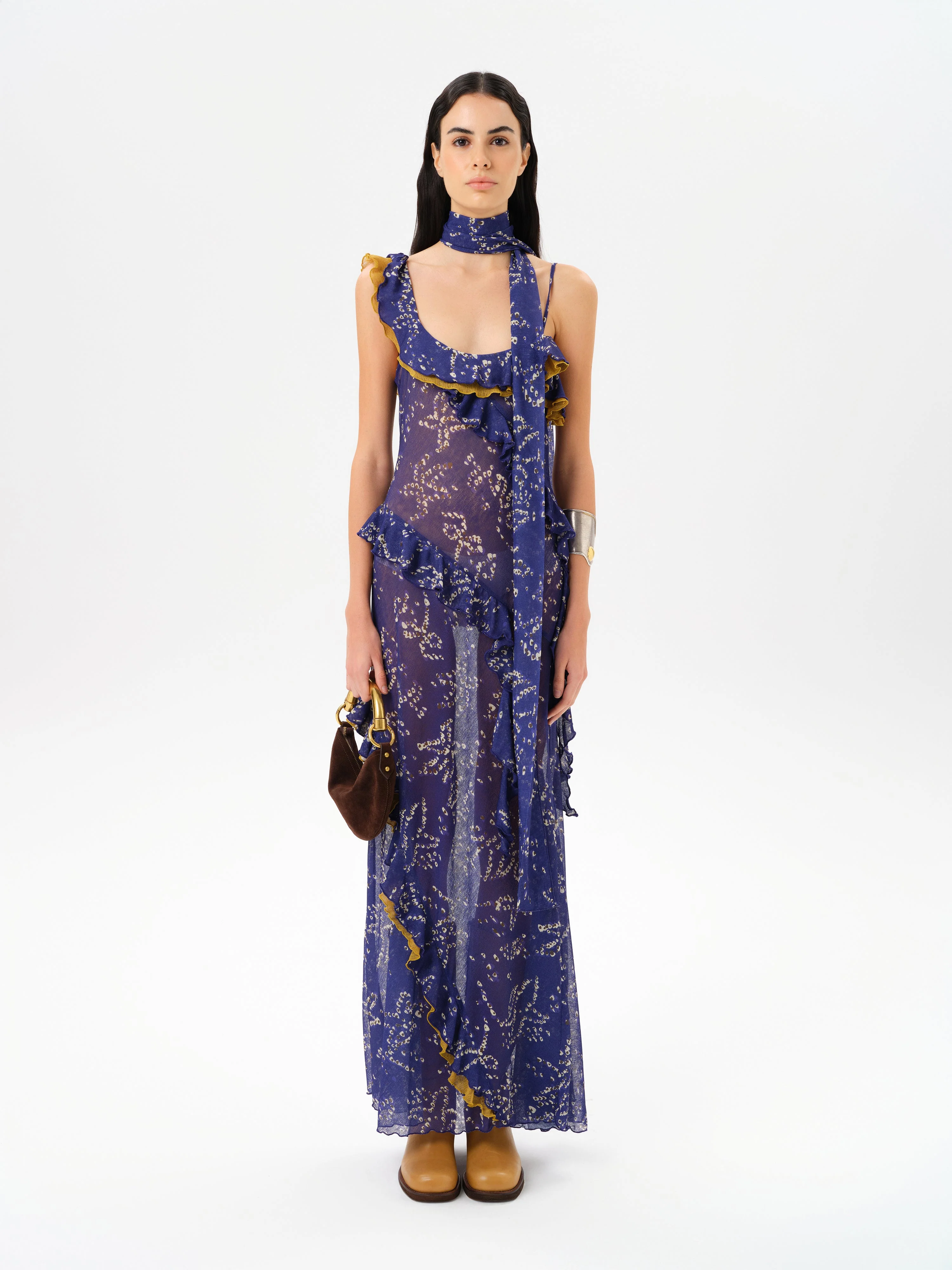MONICA - Ruffled mesh maxi dress