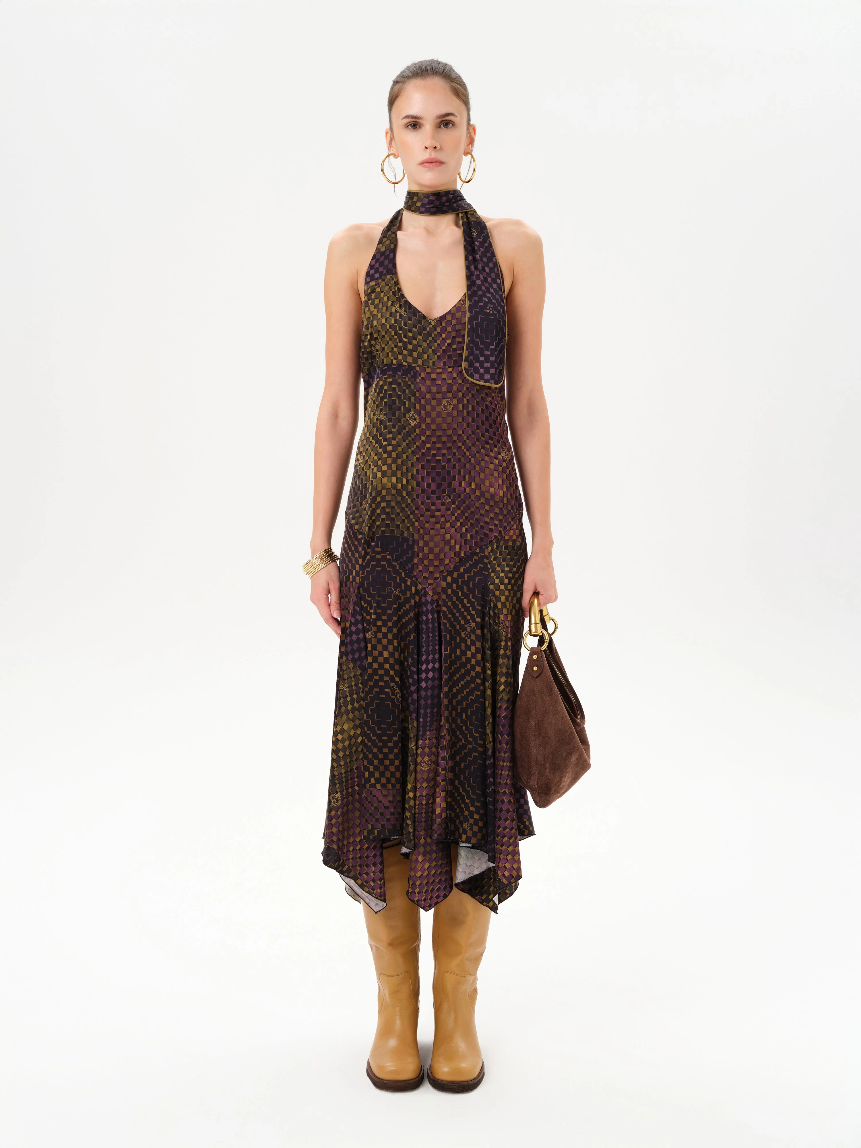 RAYE - Printed halter neck midi satin dress