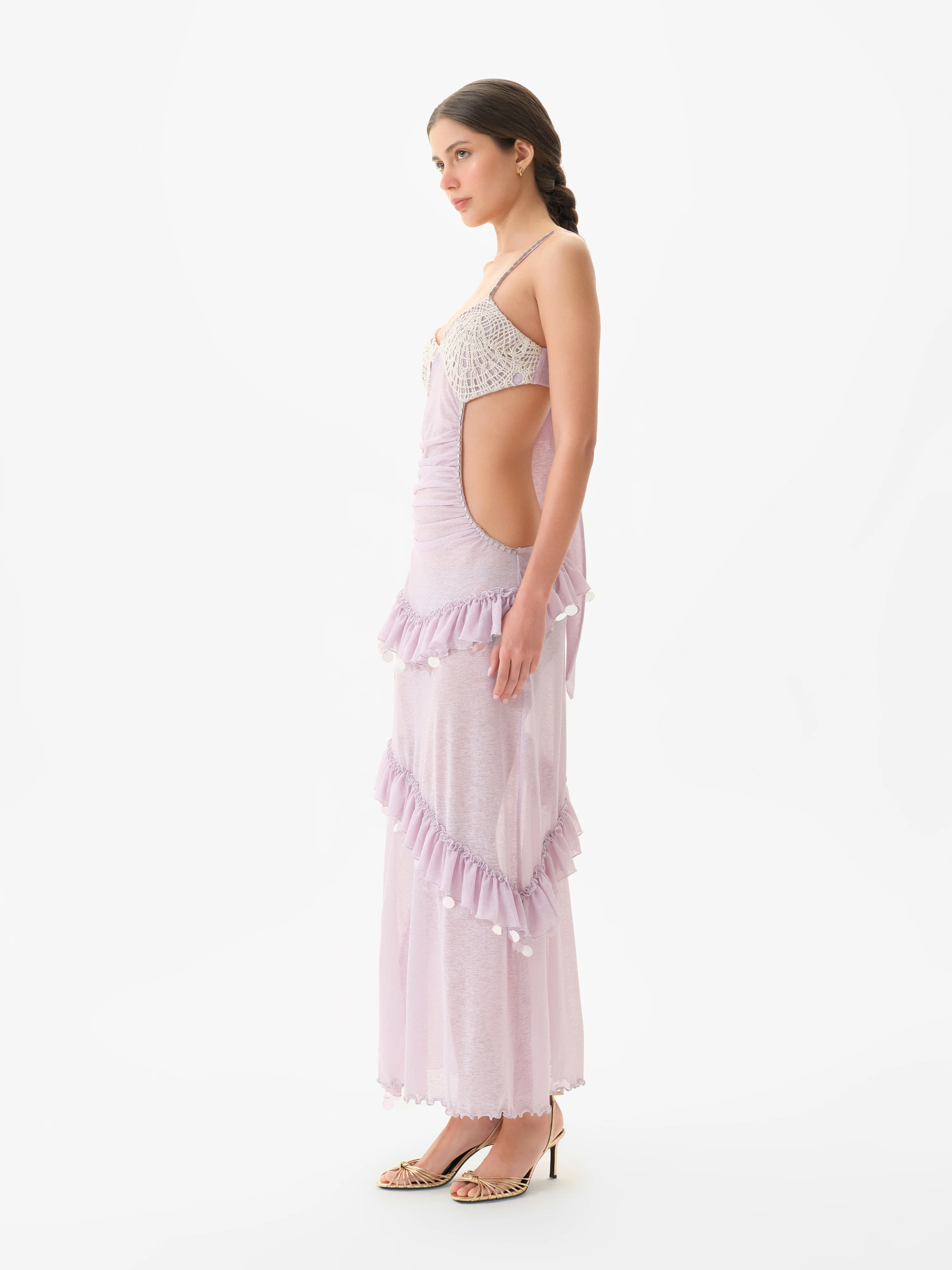 SIGNE - Crochet bust detailed embellished sheer mesh dress - Image 2