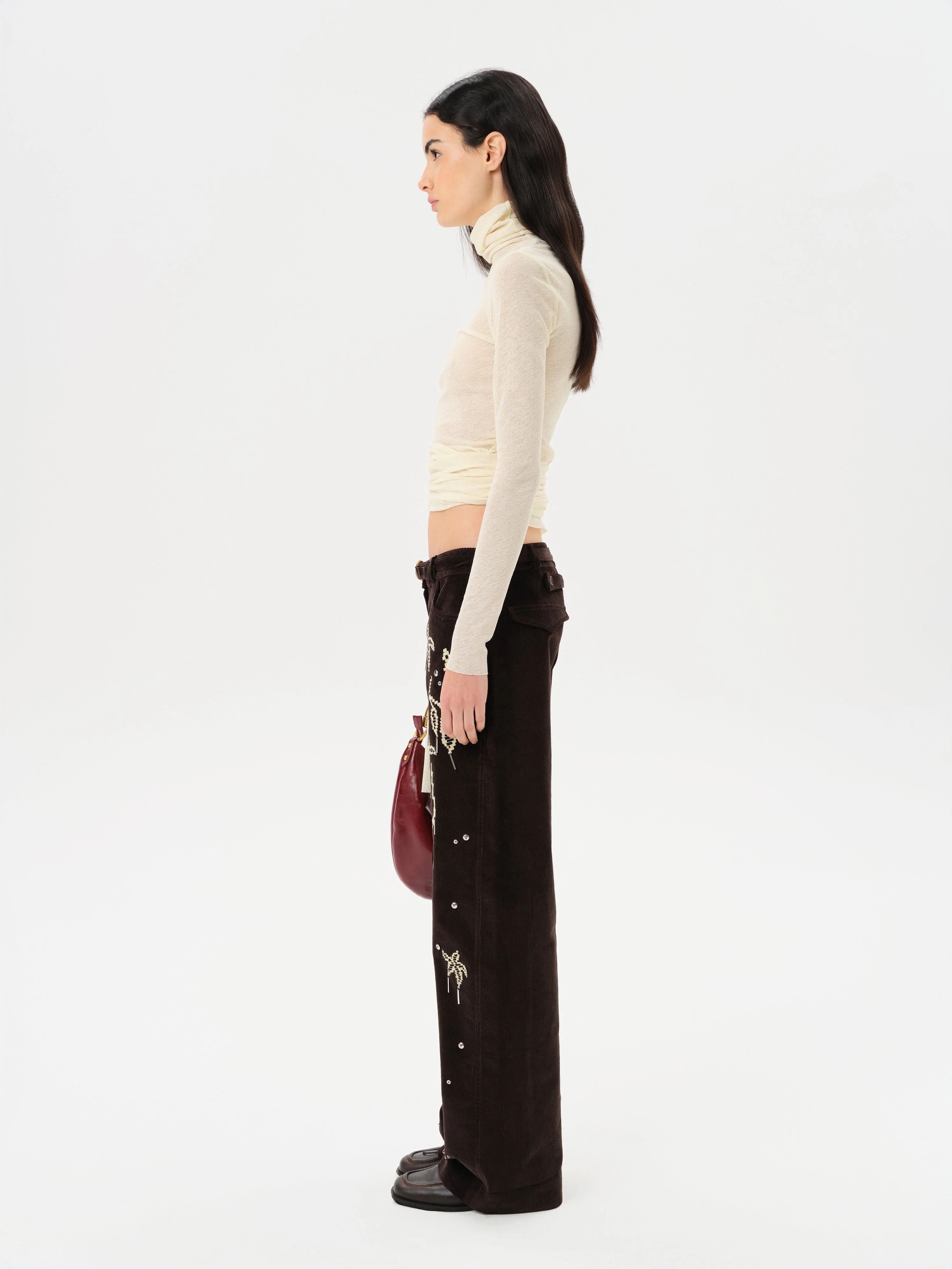 VERA - Low-rise corduroy pants with all-over embroidery - Image 3